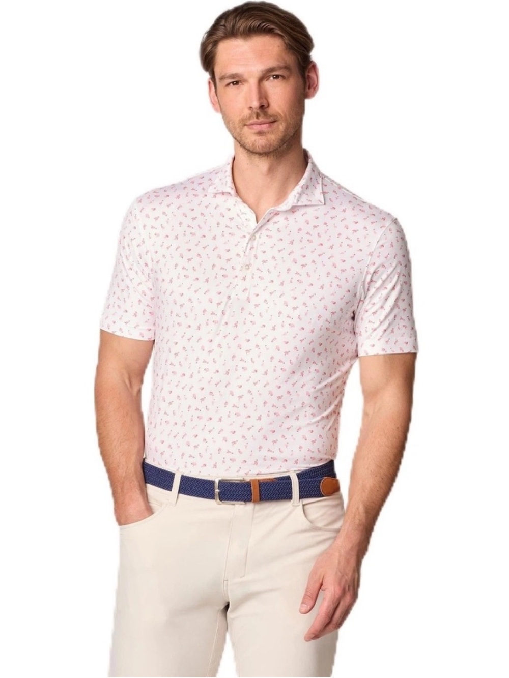Johnnie-O Flamingo Print Performance Polo Shirt Men’s XXL Pink White Golf